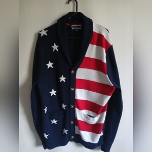 Unisex Club Room Navy Red White Flag Shawl Collar Cardigan Sweater Cotton SzL